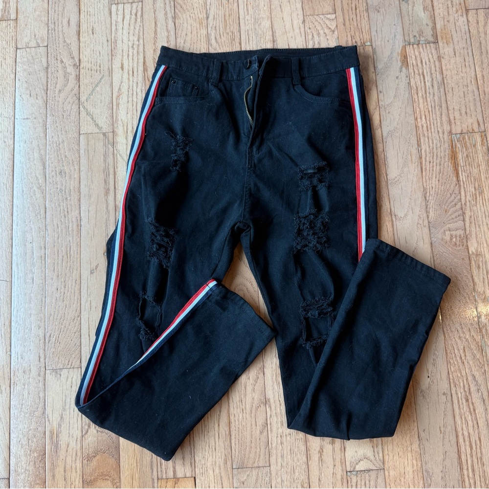 SHEIN Black Distressed Skinny Jeans W/ Side Stripes